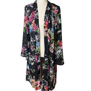 Jorja black floral kimono maxi sheer duster size  L  resort wear beach coverup